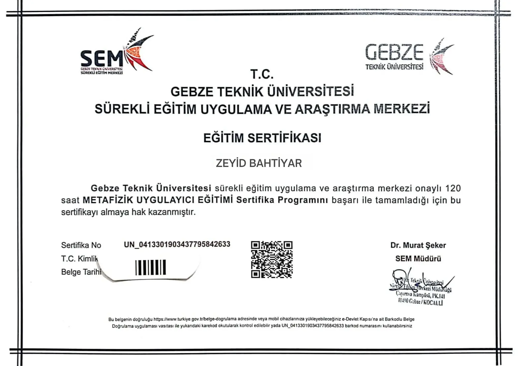 Metafizik Uygulayıcı Eğitimi Sertifikası